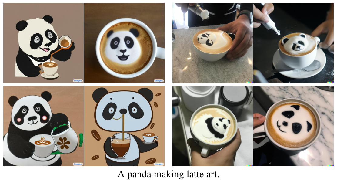 Computer generated images of pandas making or displaying latte art.