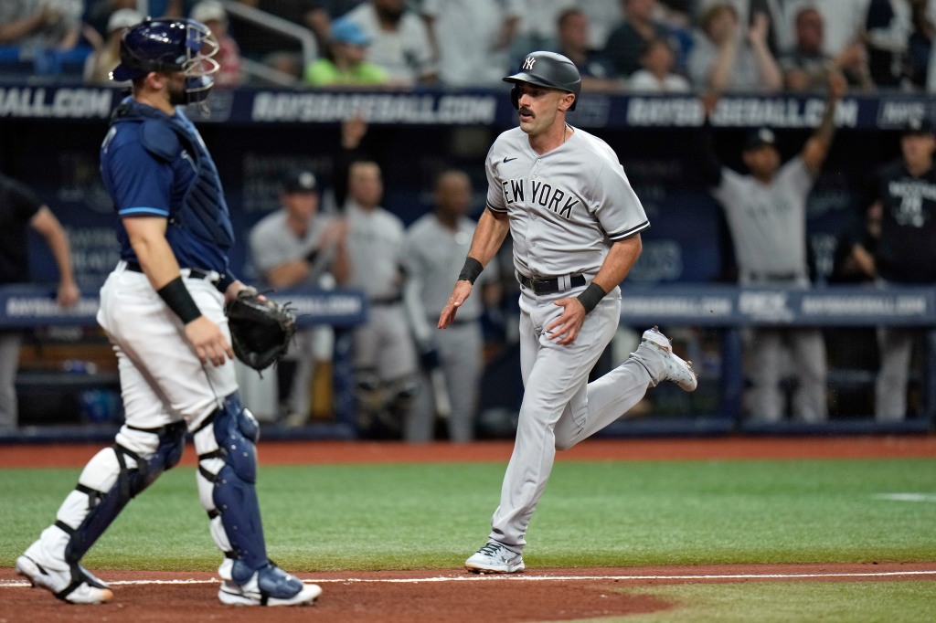 New Yankee Matt Carpenter hits Aaron Judge's RBI single in the sixth inning of the Bombers win.