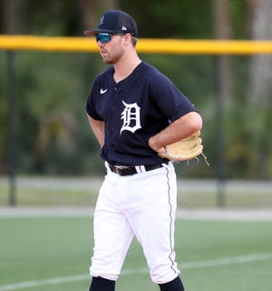 Tigers infielder Kody Clemens walks onto the fields during Detroit Tigers spring training Monday, March 14, 2022, at TigerTown in Lakeland, Fla.