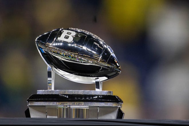 Dec 4, 2021;  Indianapolis, IN, USA;  The Big Ten Trophy at Lucas Oil Stadium.  Mandatory Credit: Trevor Ruszkowski-USA TODAY Sports