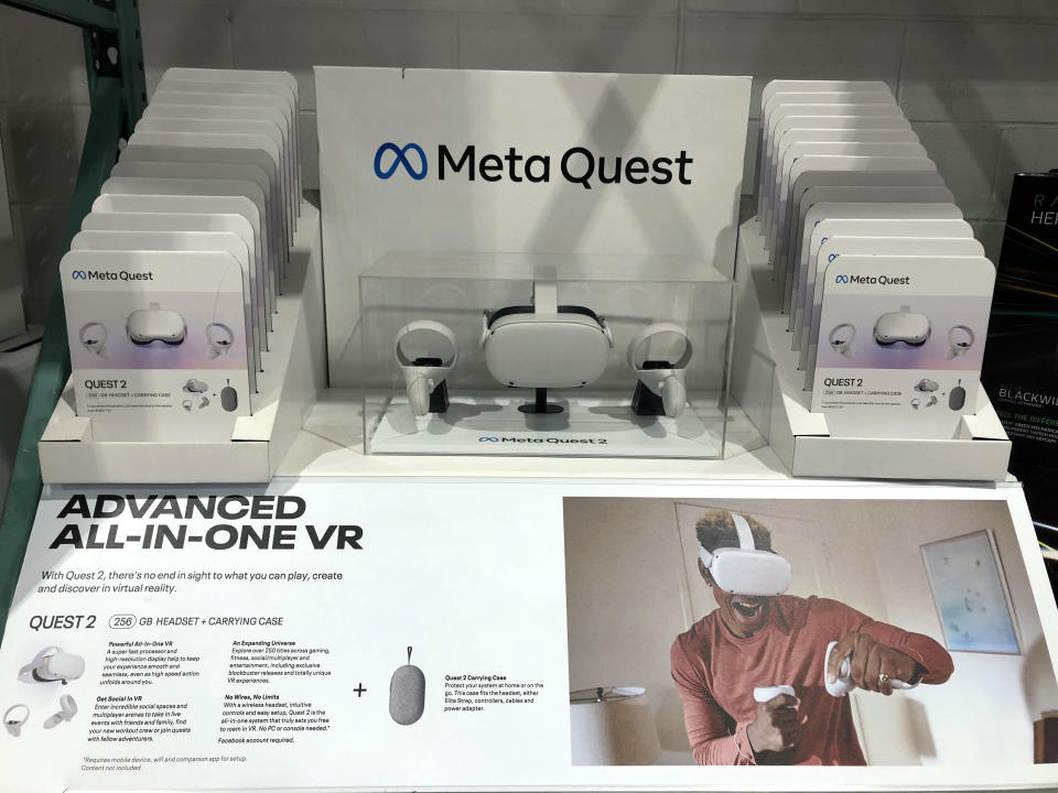 Meta Quest 2, all-in-one VR headset, touch controller and case on display at Costco, Queens, New York.  (Photo by: Lindsey Nicholson/UCG/Universal Images Group via Getty Images)