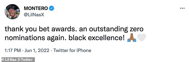 Thank you: 'Thank you bet prizes.  an outstanding zero nominations again.  black excellence!'  he said with a black prayer hands emoji and a heart emoji