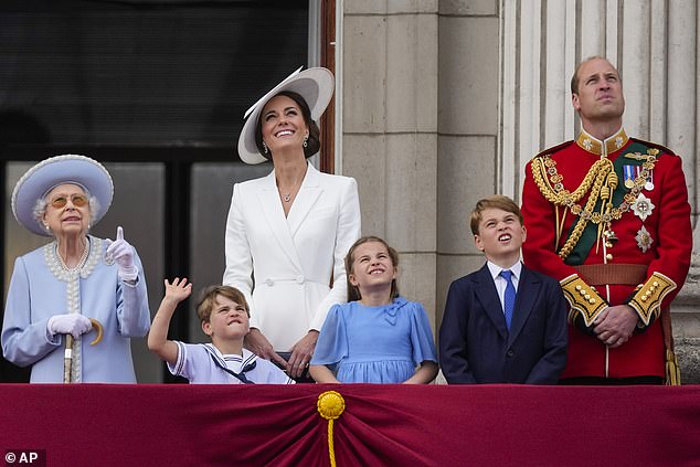 Denied: Buckingham Palace officials have denied their request to attend the Platinum Party at the Palace on Saturday (LR Wueen Elizabeth, Prince Louis, Kate Middleton, Princess Charlotte, Prince George and Prince William)