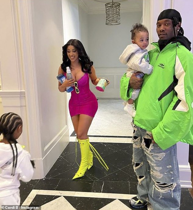Balancing act: Despite being family-oriented, Cardi hasn't let anything get in the way of her blossoming music career and business ventures;  (LR) Kulture, Cardi, Offset and Wave pictured in May