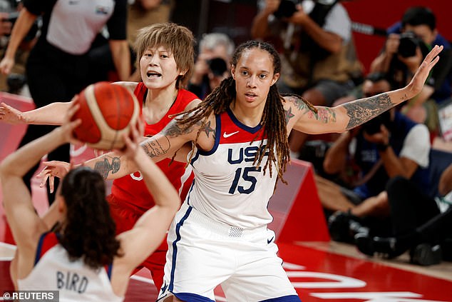 The WNBA star (pictured at the Tokyo Olympics) faces up to 10 years in a labor camp for drug smuggling if found guilty