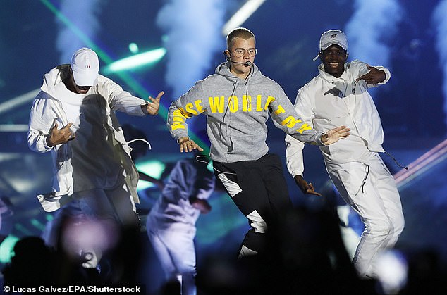 Ominous: Fans may remember how Bieber abruptly canceled the final 14 shows of his $256 million, six-leg Purpose World Tour in 2017 (pictured) – but that was on 'Depression, Anxiety and Fatigue' attributed.