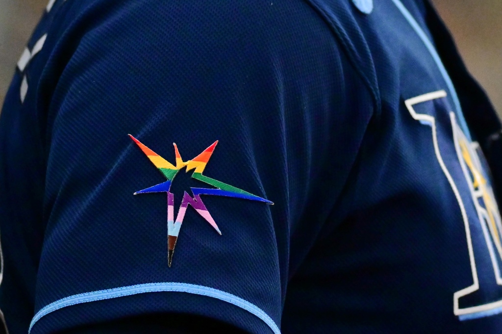 A detail of the Tampa Bay Rays Pride Burst logo in celebration of Pride Month during a game against the Chicago White Sox