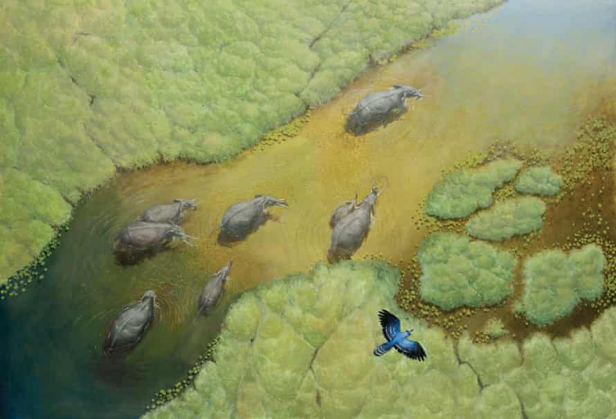 A painting from Matt Ottley's 2022 book The Tree of Ecstasy and Unbearable Sadness, the illustration shows elephants walking up a rainforest lined river