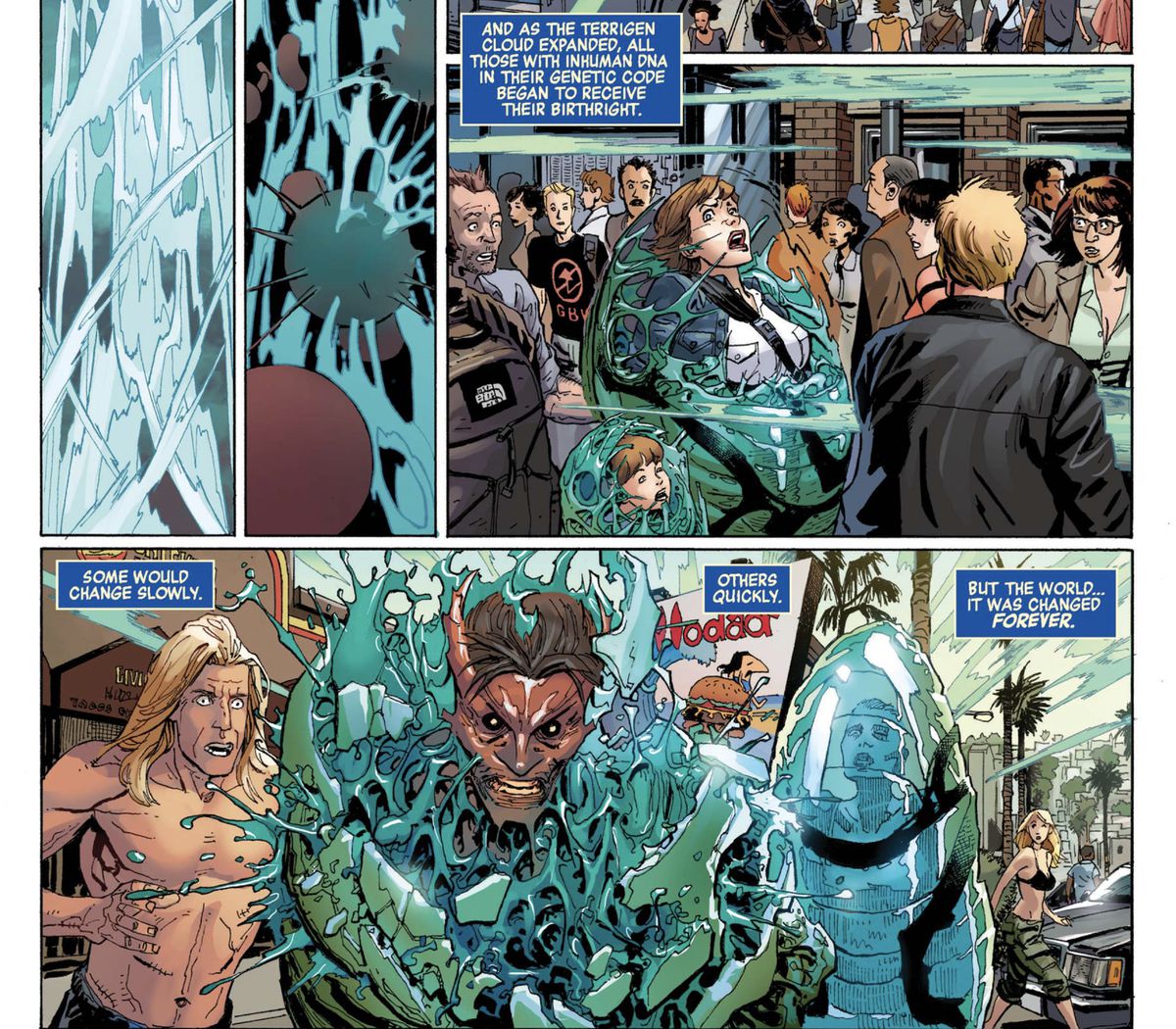 Terrigen Mists from the Terrigne Bomb sweep through human populations, cocooning and transforming random humans.  