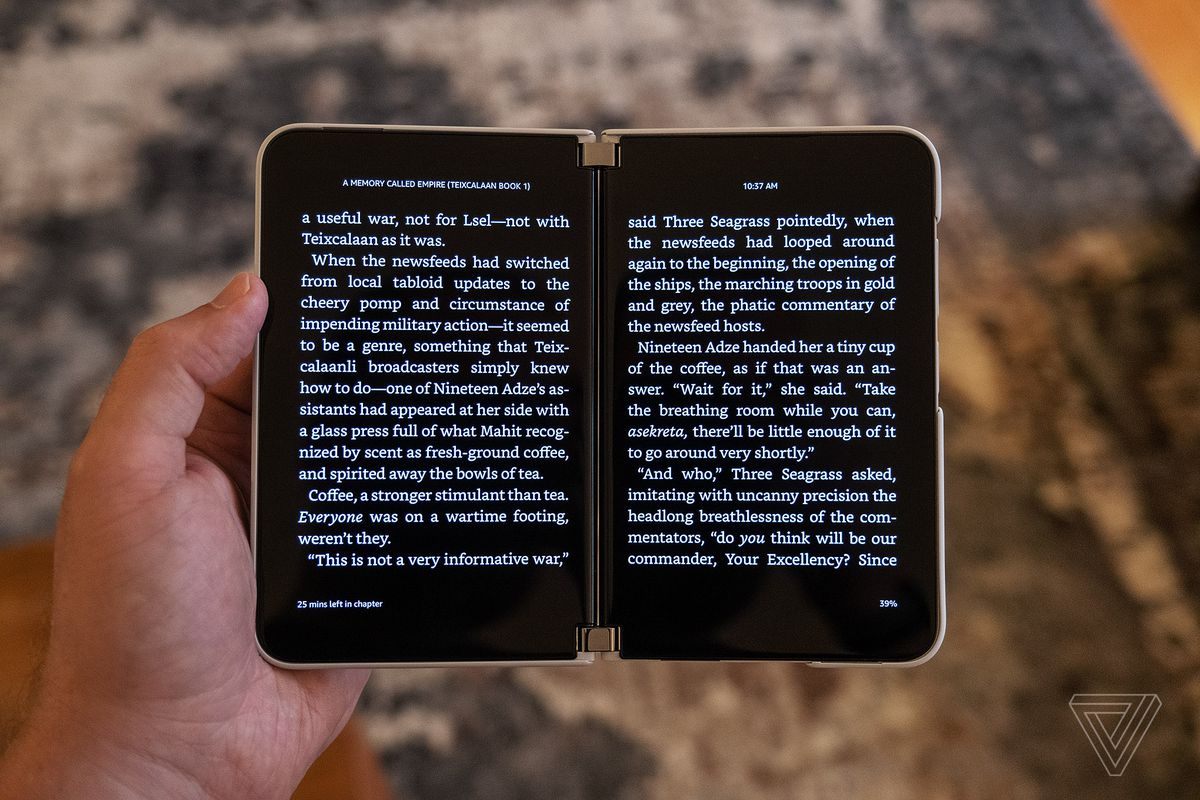 A Kindle e-book spanned both screens of the Microsoft Surface Duo 2
