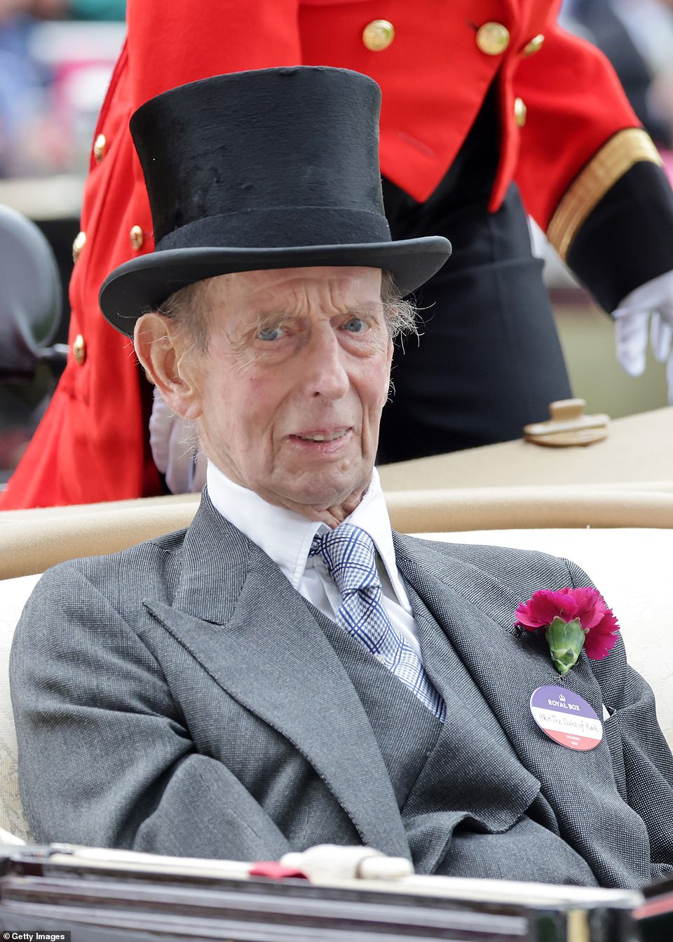 The Duke of Kent (pictured) was another king who took part in the carriage procession today, although he did not ride in the same carriage as Beatrice and Edoardo
