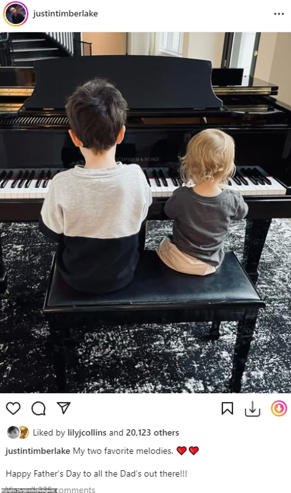 'My two favorite tunes': Justin Timberlake shared a precious snap of his sons Silas, seven, and Phineas, one, playing the piano