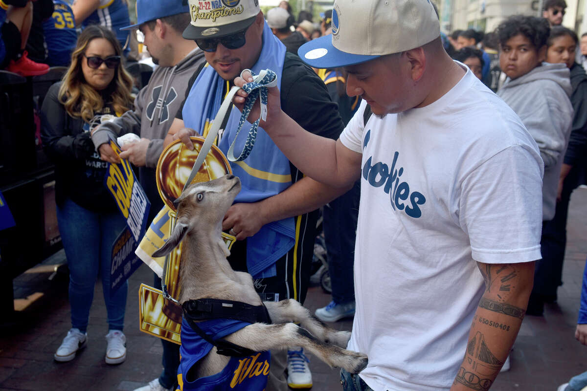 Hayward's Javier Caldera brought his goat curry to the Warriors Victory Parade on Market Street. 
