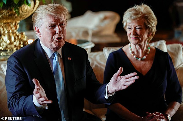 McMahon's wife Linda with President Donald Trump at Mar-a-Lago in 2019. She now works at the America First Institute