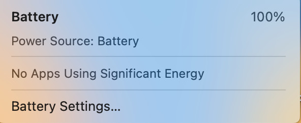 A screenshot of the battery gauge on the MacBook Pro at 100%.