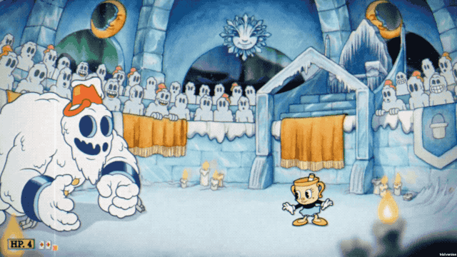 Ms. Chalice battles Mortimer Freeze in his snowman form in an animated GIF from Cuphead: The Delicious Last Course