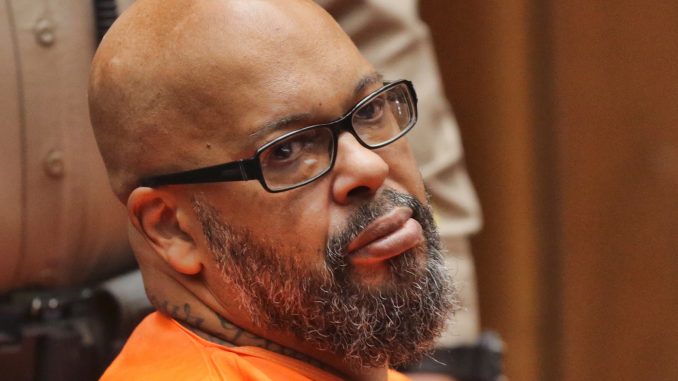 Marion "Suge" Knight appears in court in Los Angeles, Thursday, Oct. 4, 2018. A judge sentenced him to 28 years in prison for the 2015 death of man he ran over outside a Compton burger stand. (David McNew/Pool Photo via AP)