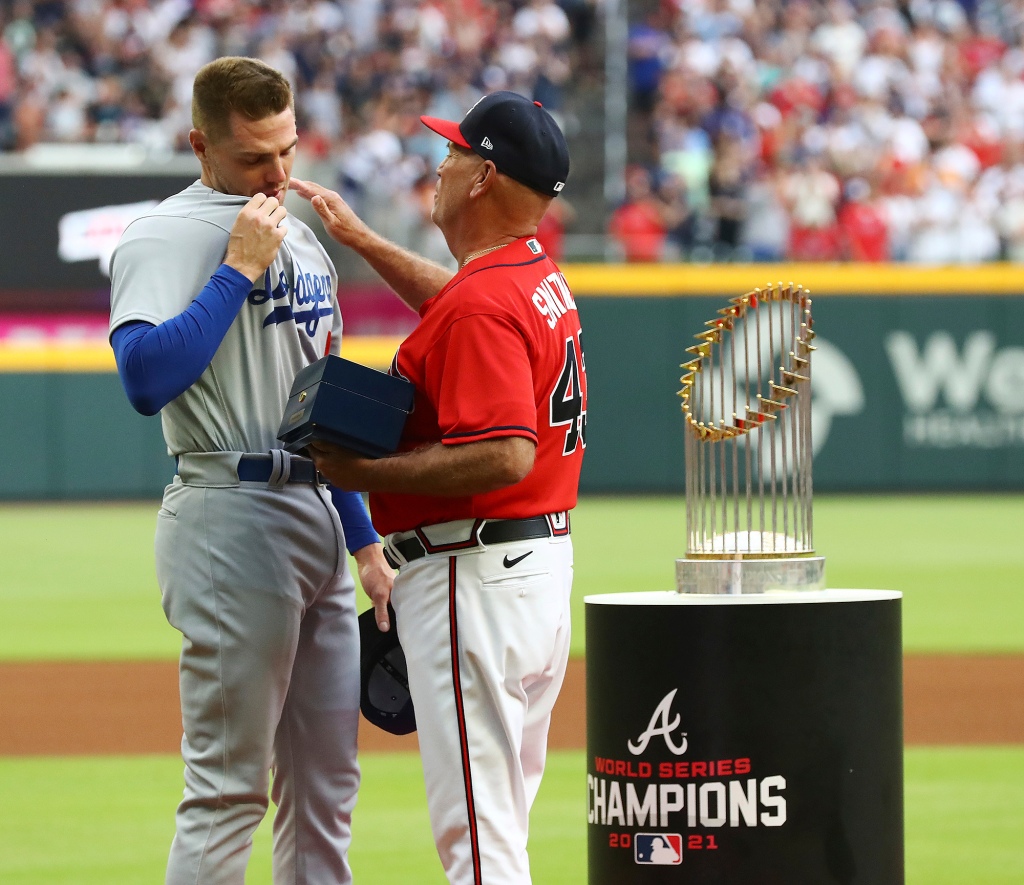 Freddie Freeman was emotional receiving his World Series ring when the Dodgers visited the Braves. 