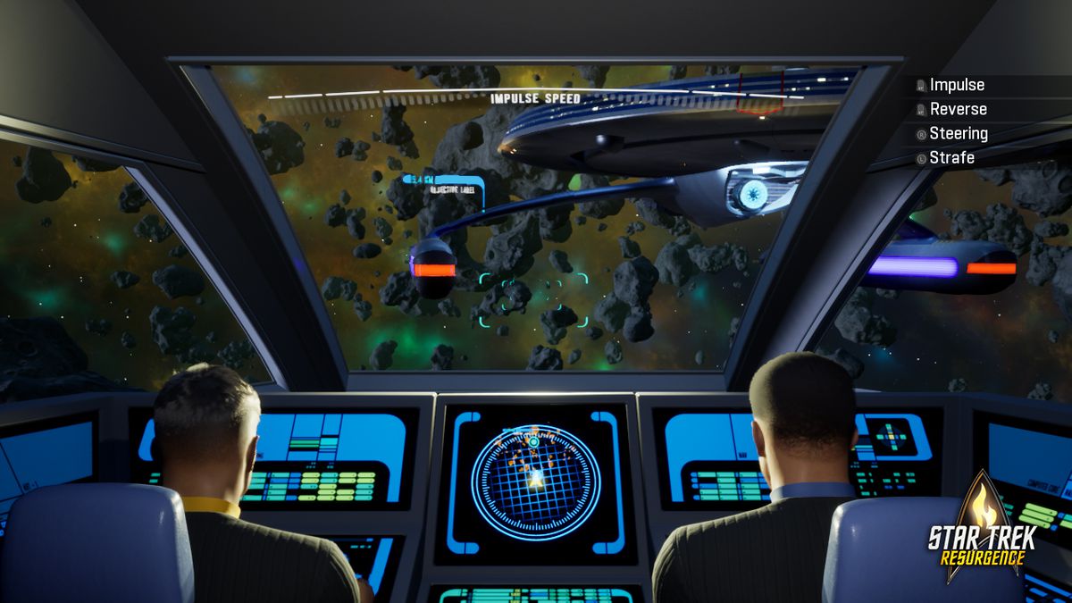 Starfleet crew members pilot a shuttle toward a starship and asteroid field in a screenshot from Star Trek: Resurgence