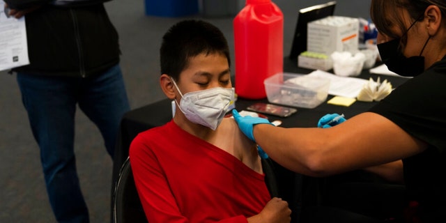 A youth receives a COVID-19 vaccine Tuesday, November 9, 2021 at a pediatric immunization clinic for children ages 5 to 11 established at the Willard Intermediate School in Santa Ana, California. 