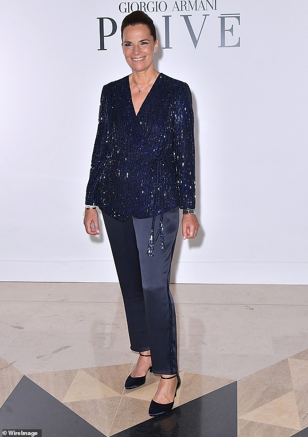 Dazzling!  Giorgio Armani's niece Roberta shimmered in a navy blue blazer and matching silk trousers
