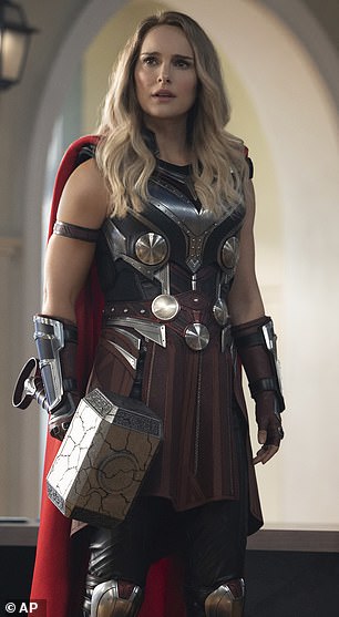 Mass gain: It was the first time the Oscar winner had been asked to gain weight for a role, and previously she revealed she lifted weights and drank protein shakes to get into superhero shape;  Portman depicted in Thor: Love and Thunder (2022)