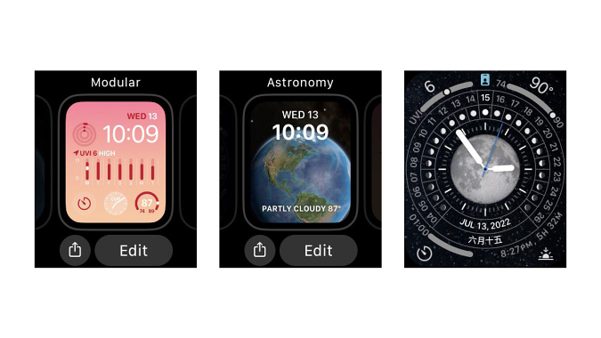 Three screenshots showing, from left to right, the new Modular, Astronomy, and Lunar watch faces in the watchOS 9 beta.