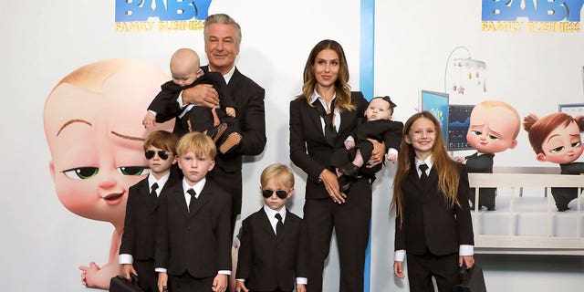 Alec and Hilaria Baldwin with their children at the "boss baby" premiered last year