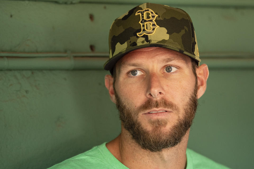 BOSTON, MA - JUNE 14: Chris Sale #41 of the Boston Red Sox addresses the media prior to a game against the Oakland Athletics at Fenway Park on June 14, 2022 in Boston, Massachusetts.  (Photo by Billie Weiss/Boston Red Sox/Getty Images)