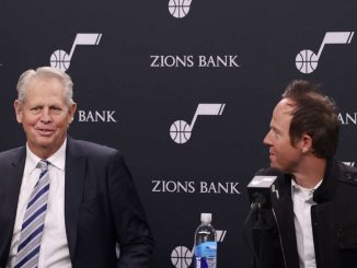 Danny Ainge, left, and Utah Jazz owner Ryan Smith, speak about Ainge’s new role as CEO of Utah Jazz Basketball, in charge of all basketball decisions, at Vivint Arena in Salt Lake City on Wednesday, Dec. 15, 2021.