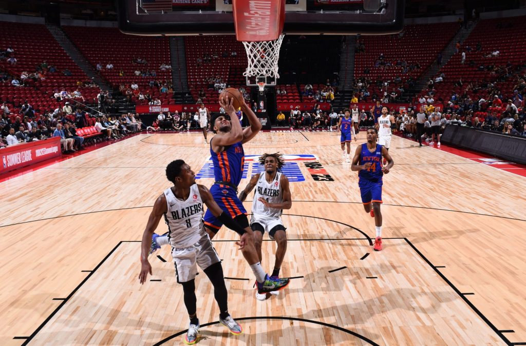 Quentin Grimes #6 of the Knicks shoots the ball during a game against the Portland Trail Blazers during the 2022 Las Vegas Summer League on July 11, 2022 at the Thomas & Mack Center in Las Vegas.