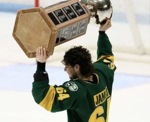 Red Wings' second-round draft pick Dylan James of the Sioux City Musketeers wins the Clark Cup after winning the USHL title that year.