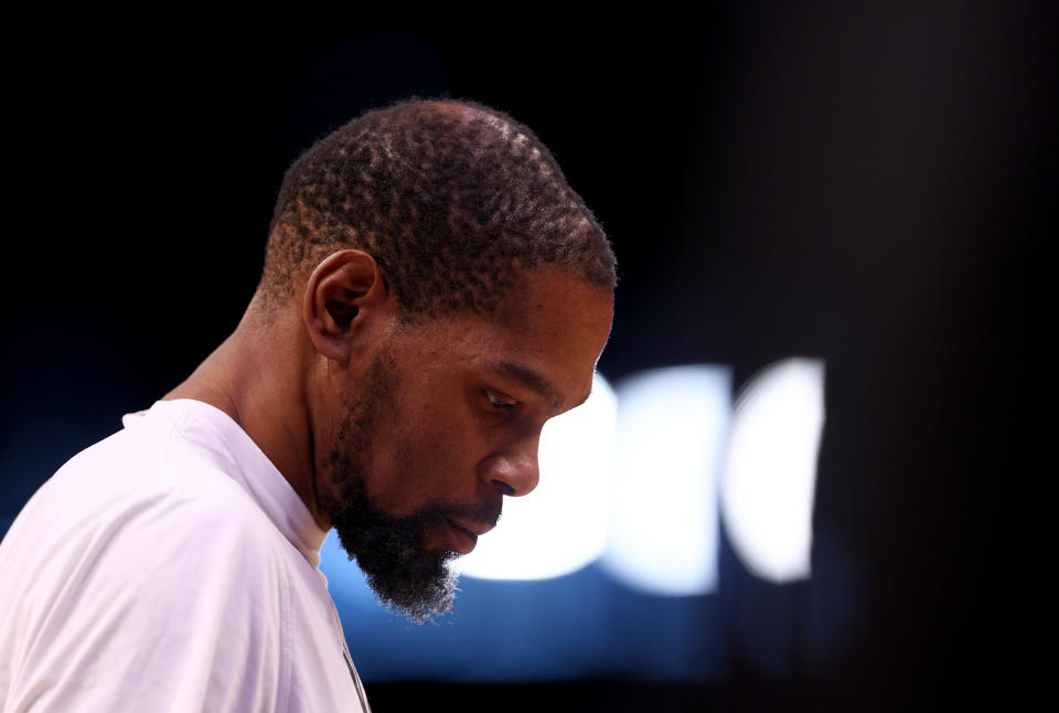 One of the greatest players of his generation, Brooklyn Nets superstar Kevin Durant's services are available at the right price.  (Elsa/Getty Images)