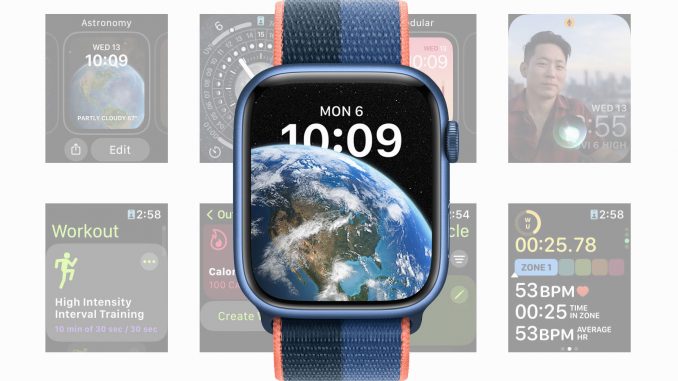A composite of pictures and screenshots showing an Apple Watch with the Astronomy face hovering on top of eight screenshots showcasing new watchOS features.