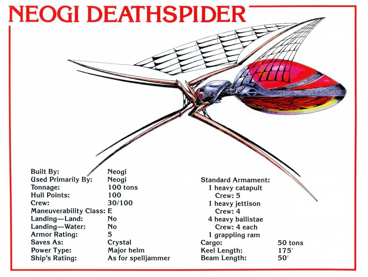Statistics for the original Neogi Death Spider from 1989's Spelljammer: Adventures in Space. It lists a crew of 11 and a beam of 50 feet.