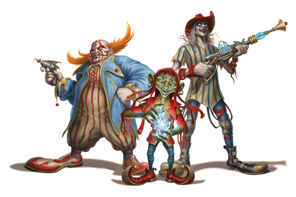 Three clowns stand shoulder to shoulder, barely a whisker between their huge shoes.  They appear to be dressed in rags from discarded circus tents.  Two hold guns while the smallest prepares a spell. 