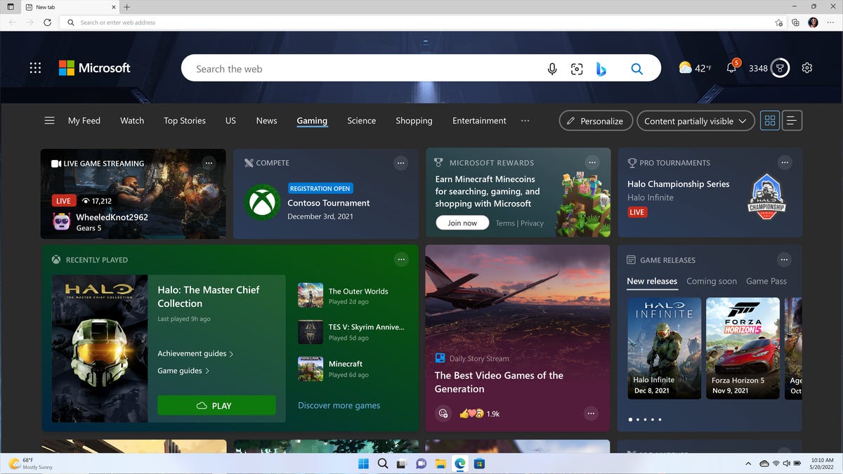 The new Edge browser gaming home page features streams, tournaments, rewards, new releases, recently played Xbox Game Pass games, and more.